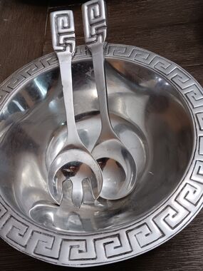 Unk Silver Greek Key Stainless Steel Salad Bowl with Serving Fork and Spoon